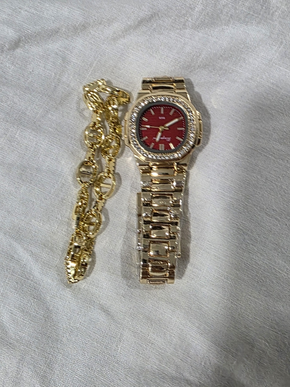 Gold-Tone Women's Watch with Red Dial
